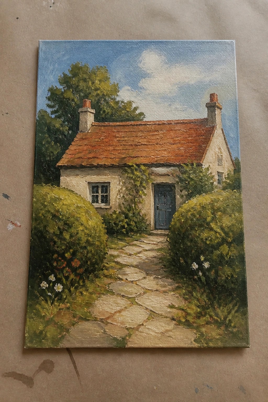 Quaint white cottage with red roof, blue door, and stone path amid green bushes