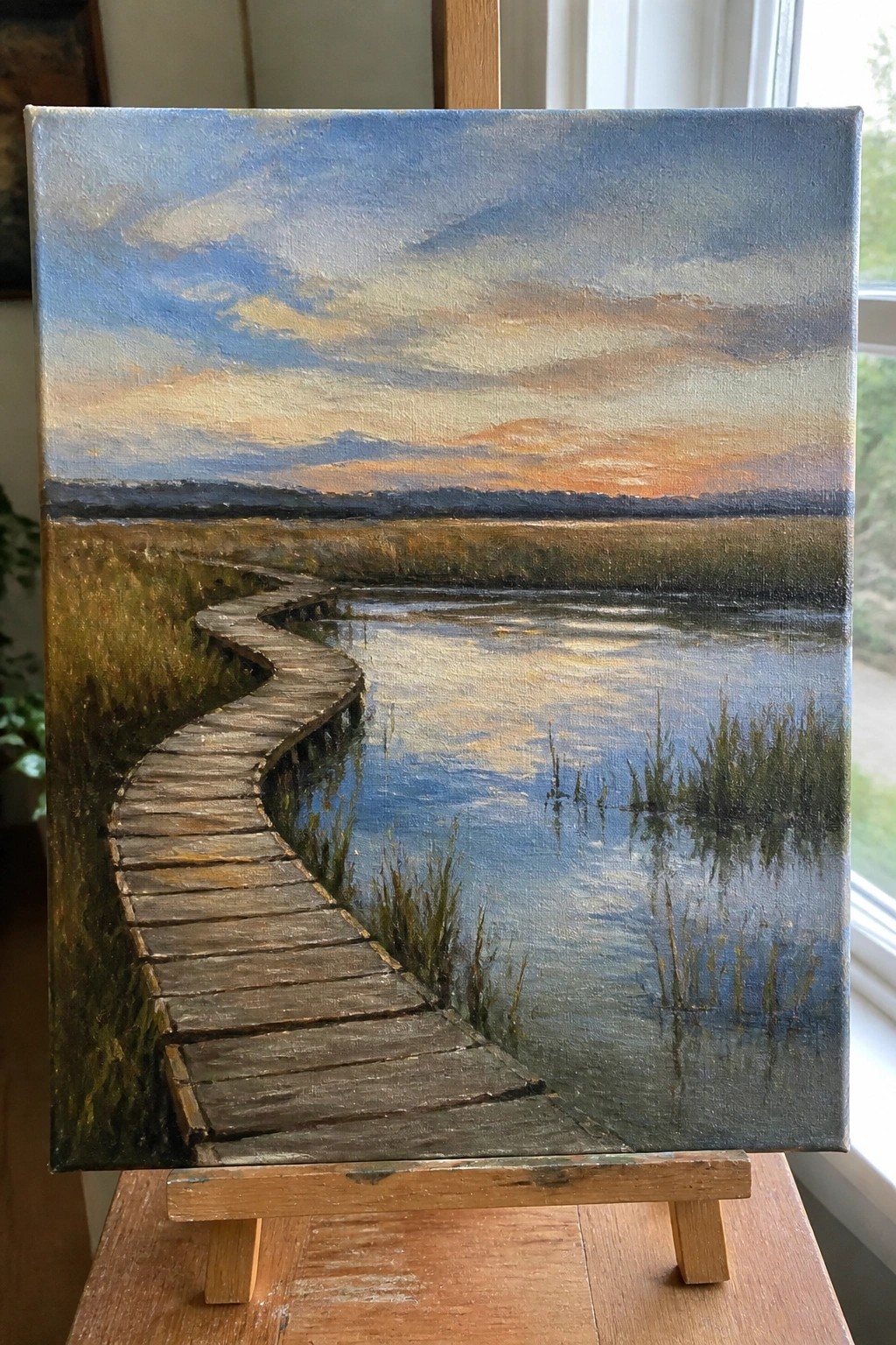Winding wooden boardwalk curves through marshy waters under vibrant sunset sky on easel