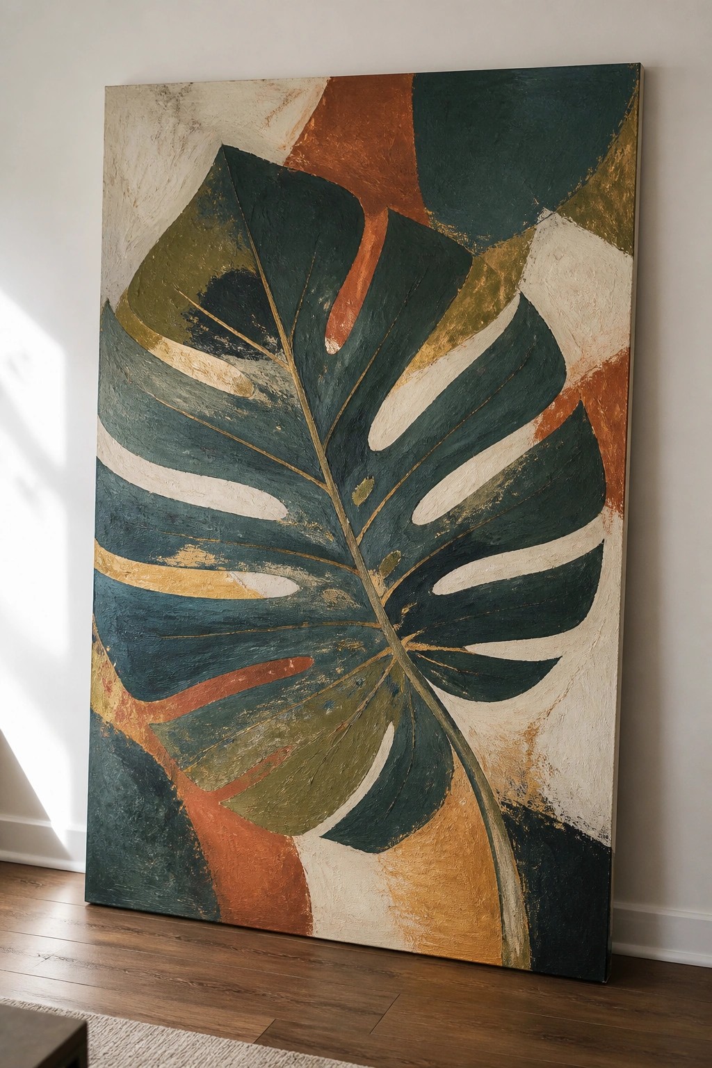 Abstract canvas painting of a monstera leaf in green, orange, and gold tones