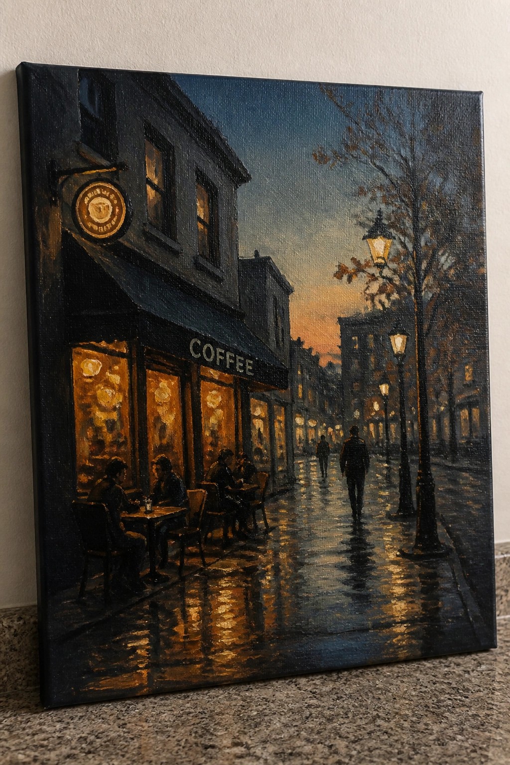 Atmospheric painting of glowing coffee shop with patrons on wet reflective street at dusk