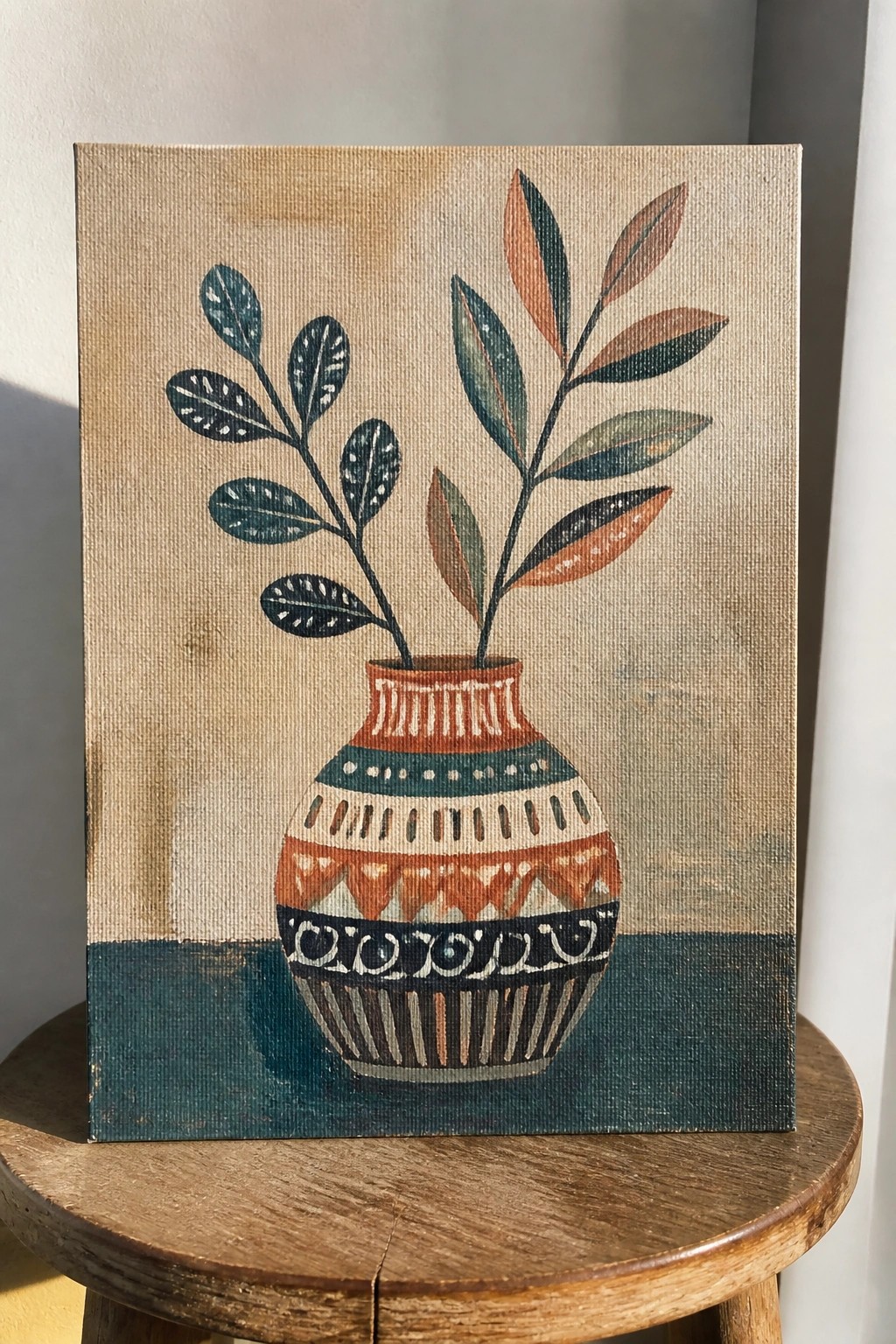 Canvas painting of patterned vase with leafy branches on wooden stool.