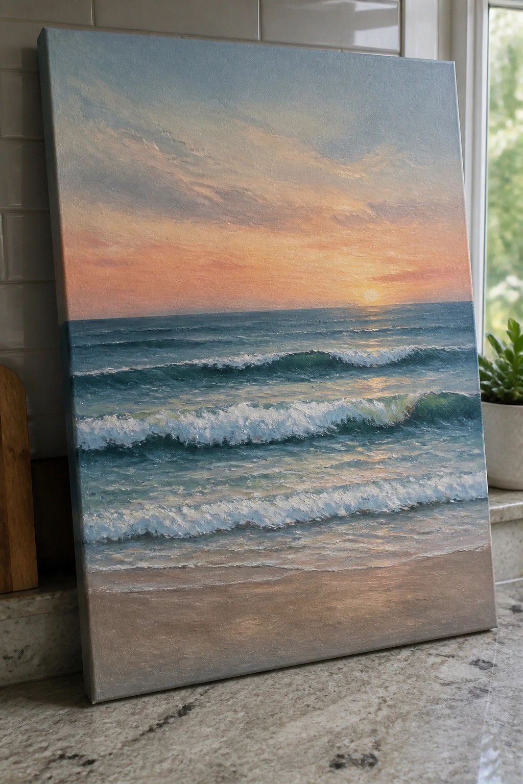 Realistic painting of ocean waves at sunset with sandy beach propped on marble countertop