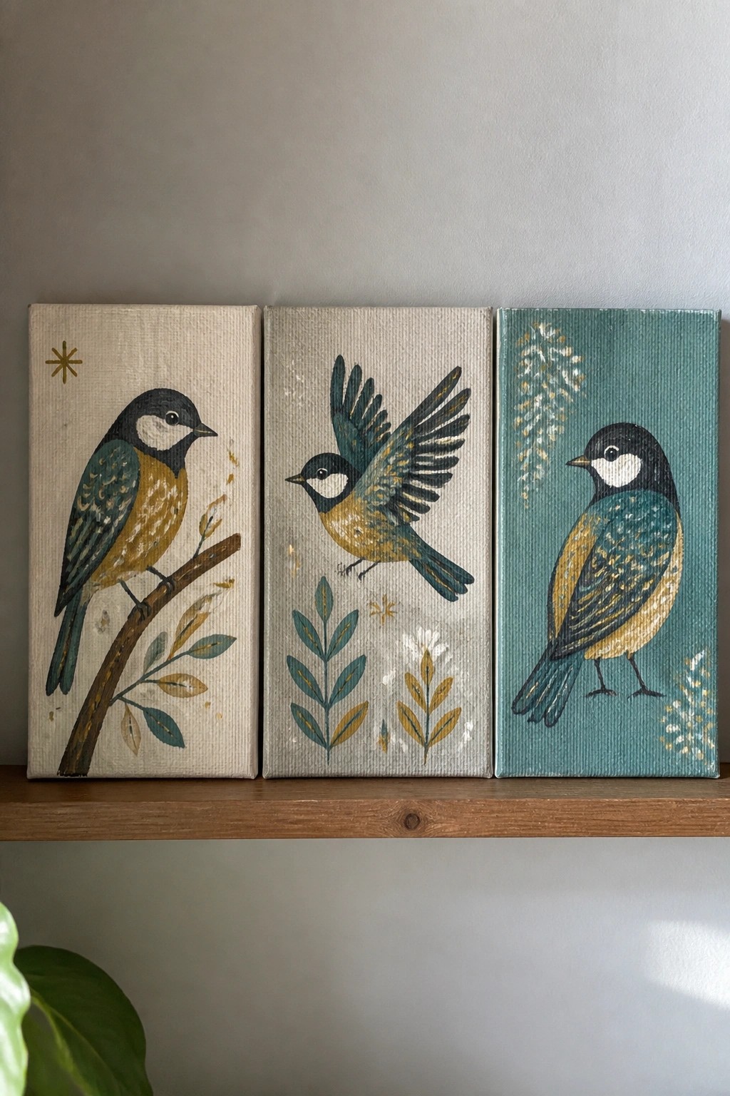 Three folk-style canvases of blue-and-yellow birds on a wooden shelf.