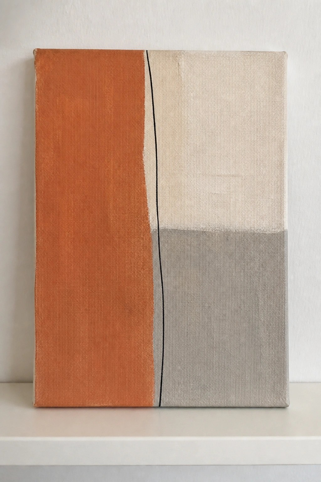 Abstract canvas with orange left panel, beige top right, gray bottom right, and thin black curve.