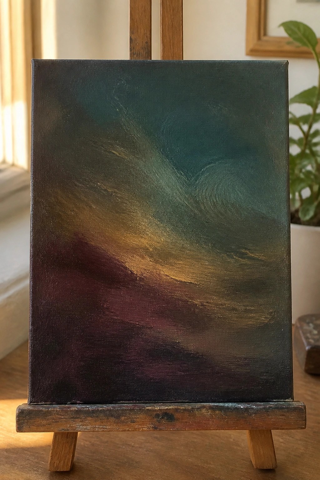 Abstract painting with swirling teal, gold, and maroon brushstrokes on wooden easel