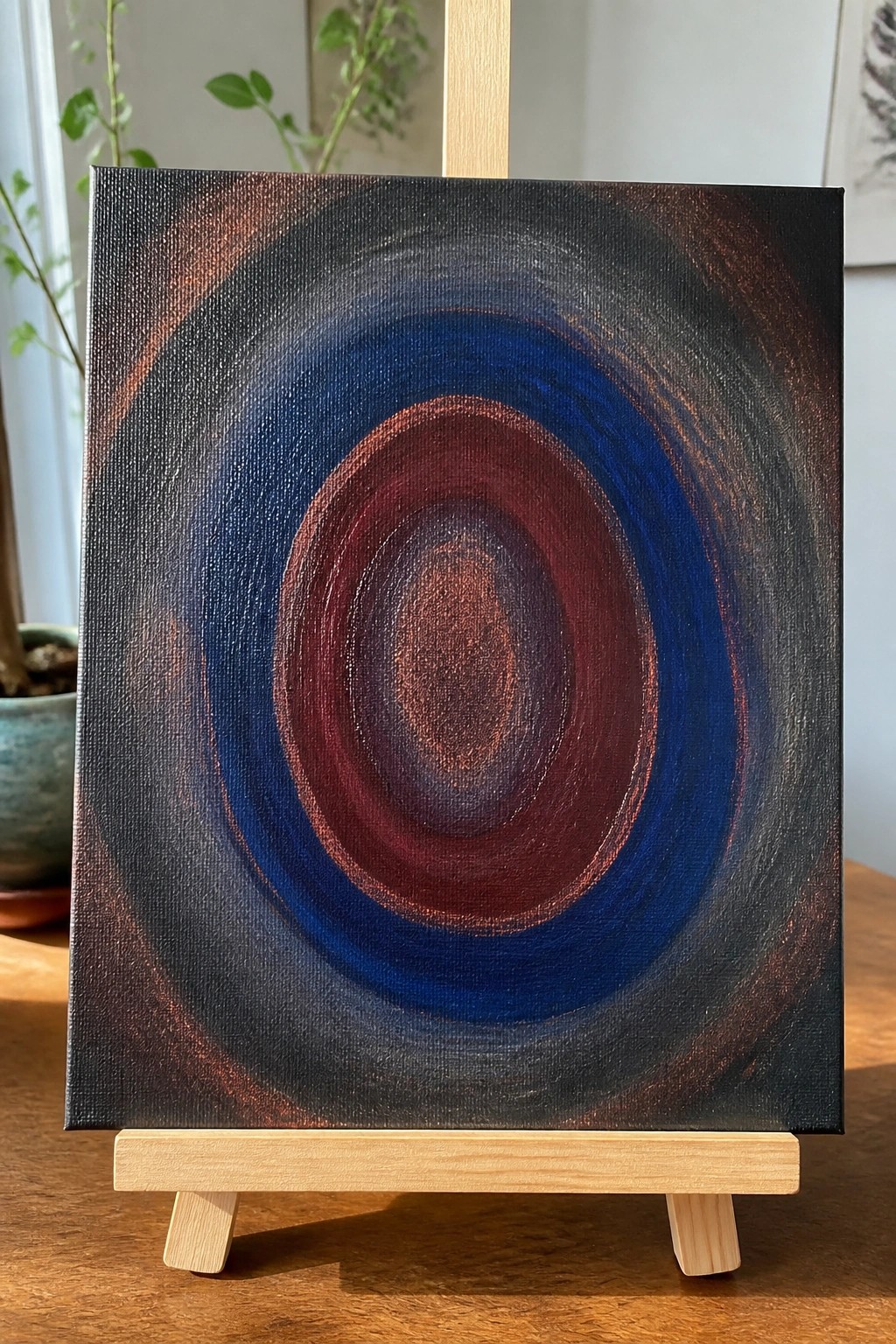 Abstract painting of concentric blue and maroon ovals on black canvas atop wooden easel.