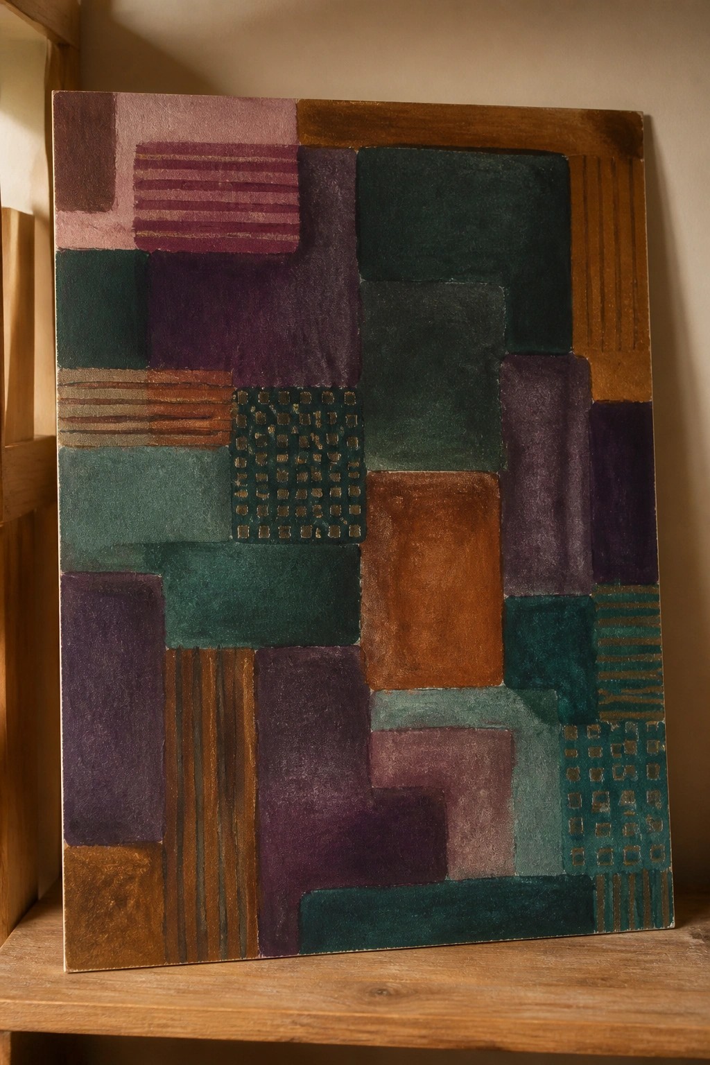 Abstract geometric painting with colorful rectangles, stripes, and dots on wooden surface.