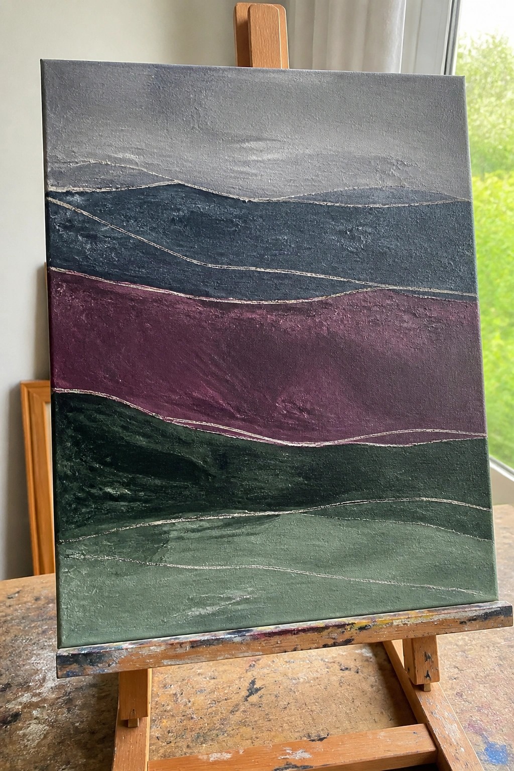 Abstract painting with wavy gray, blue, purple, and green layers on wooden easel