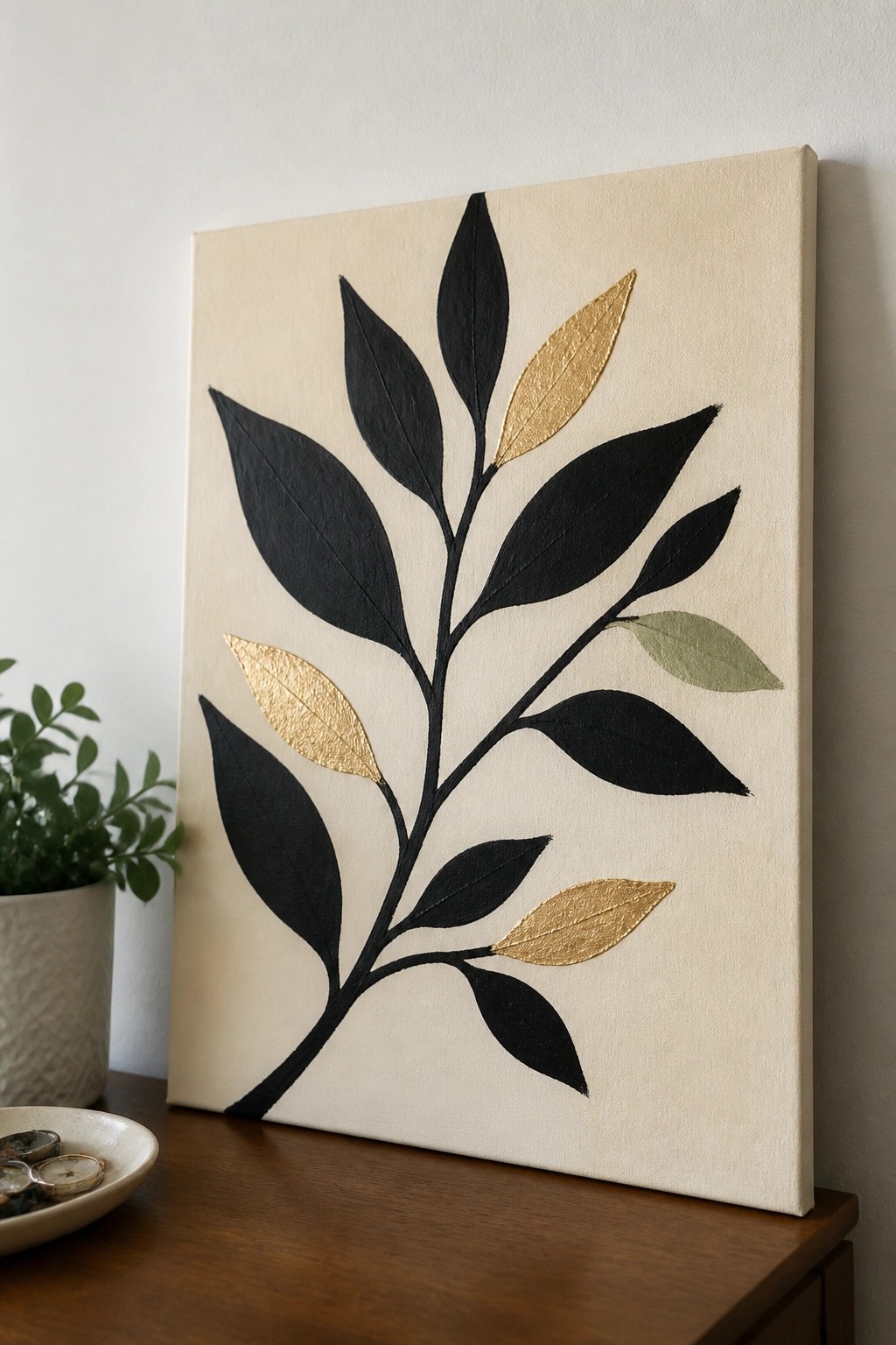 Abstract painting of black leaves with gold foil on beige canvas beside plant
