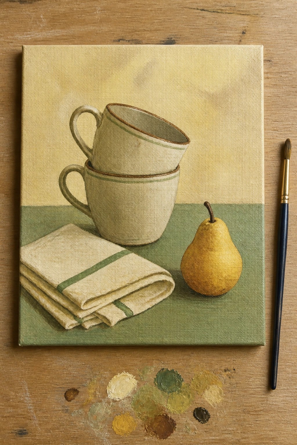 Still life painting of stacked mugs, striped napkin, yellow pear on green table