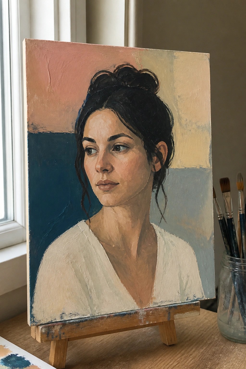 Oil portrait of woman in white top on wooden easel beside paintbrushes in jar