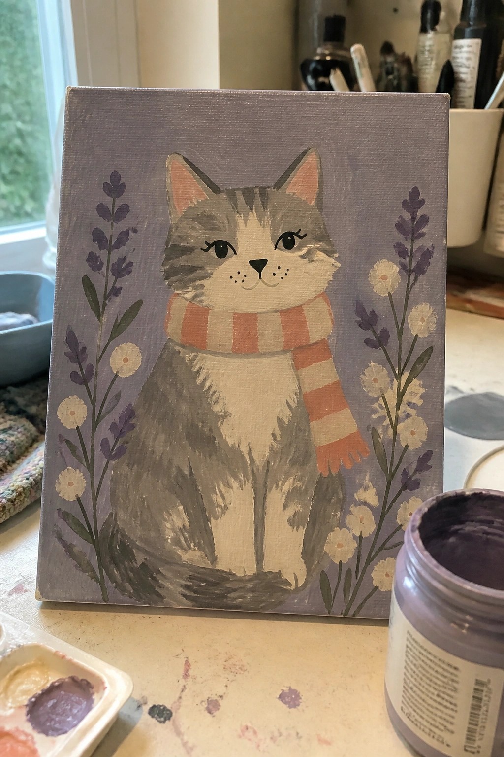 Acrylic painting of gray tabby cat in orange striped scarf with purple flowers