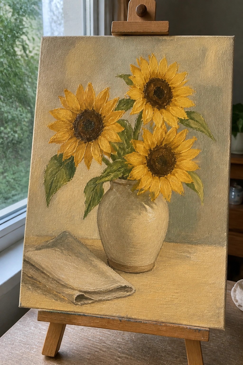 Three sunflowers in beige vase with folded cloth on table, on easel
