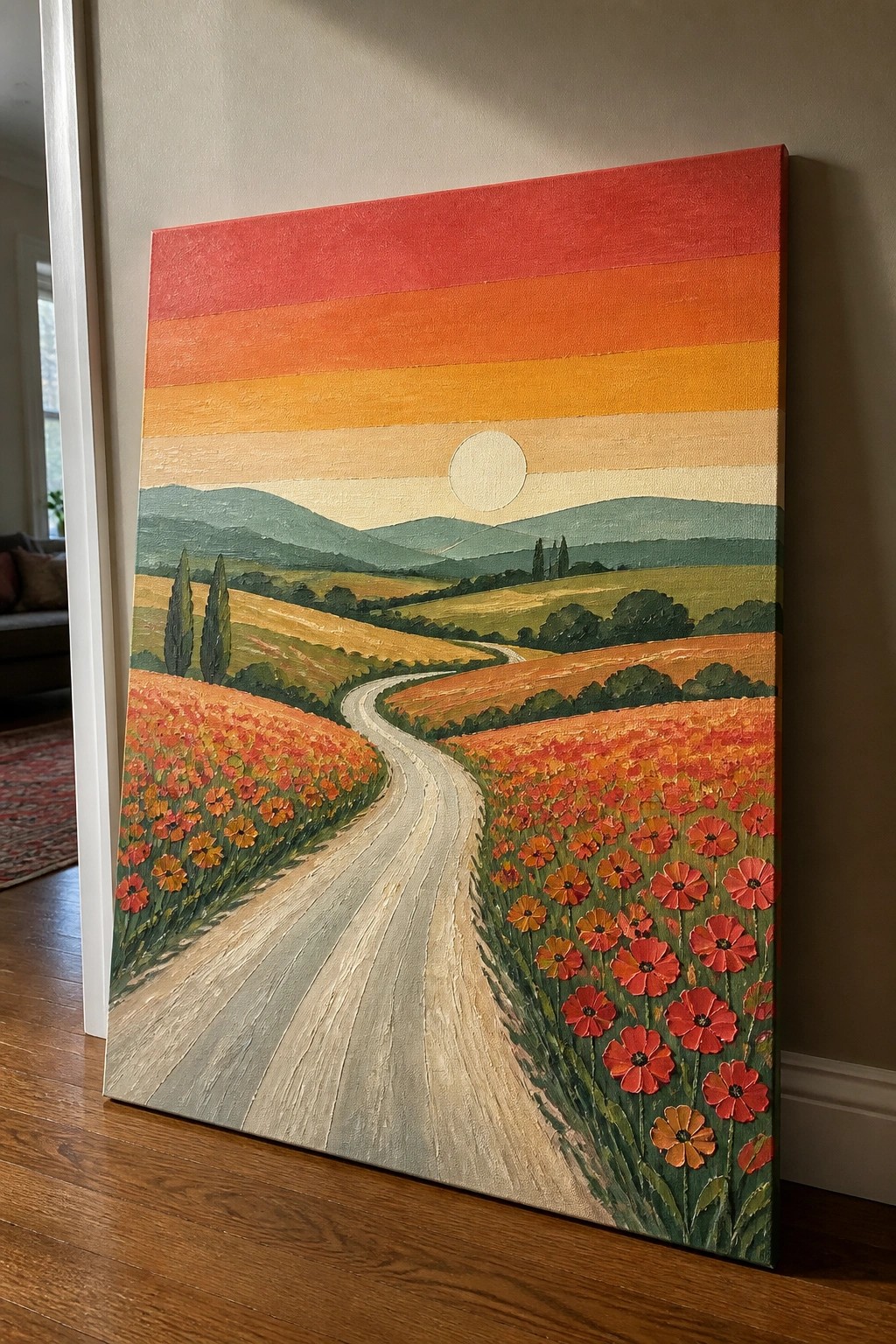 Stylized painting of winding road through red poppy fields under striped sunset sky.