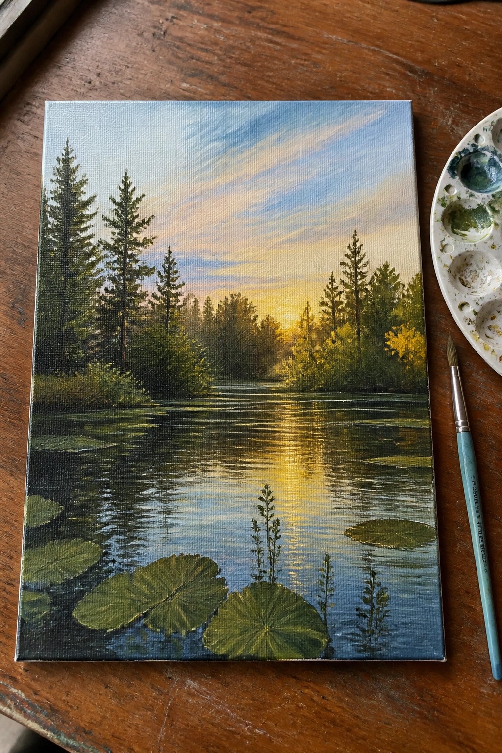 Canvas painting of sunset over lake with trees and lily pads beside palette and brush.