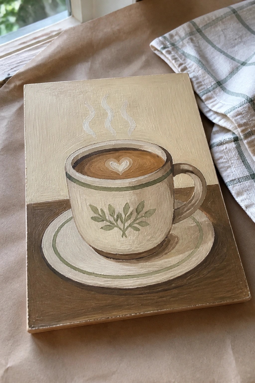Painted coffee cup with heart latte art, steam, and leaf design on wood