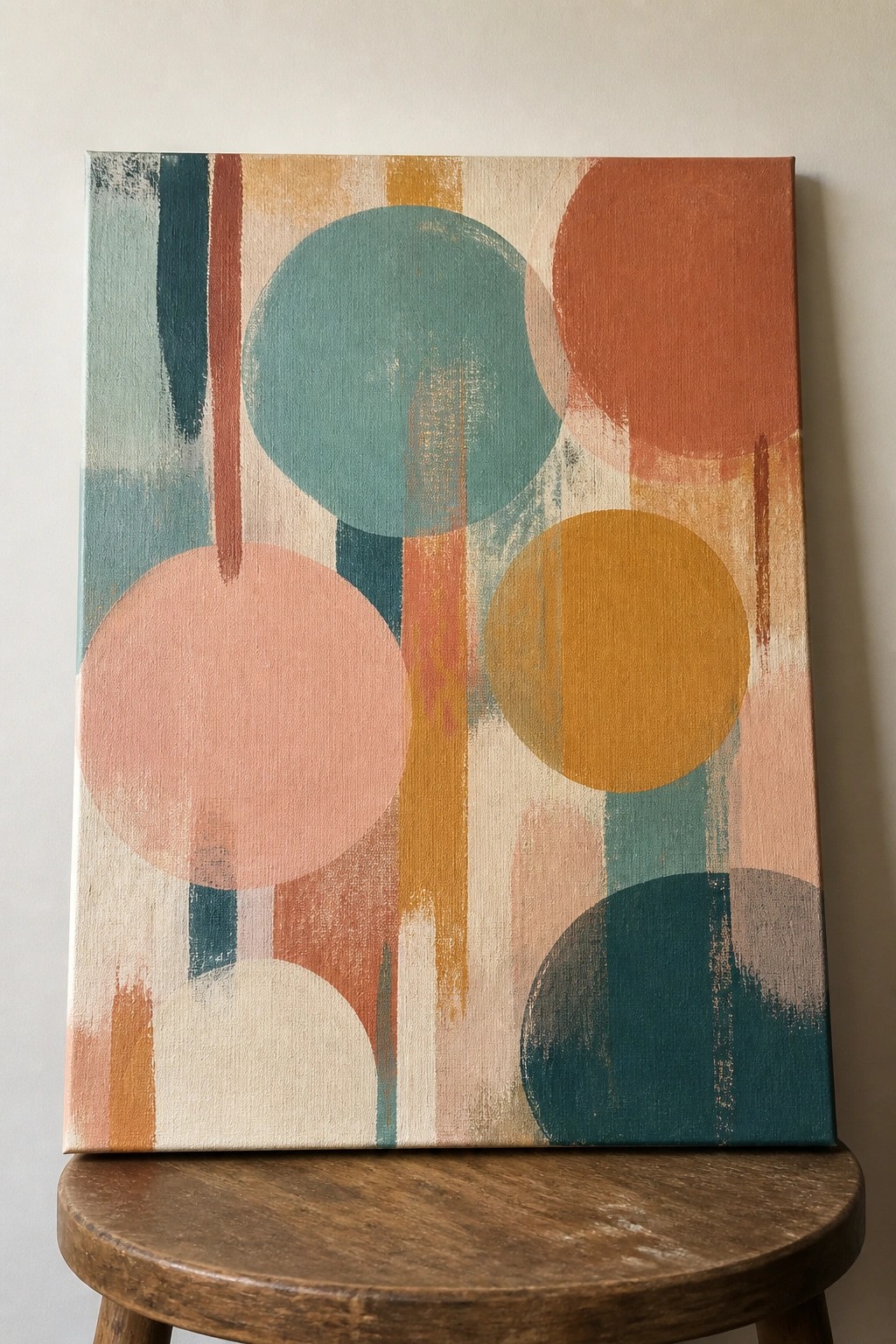 Abstract painting with teal, orange, pink, and yellow circles on wooden stool