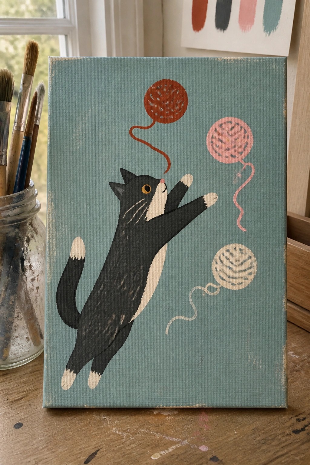Black and white cat leaping for orange, pink, and beige yarn balls on teal canvas.