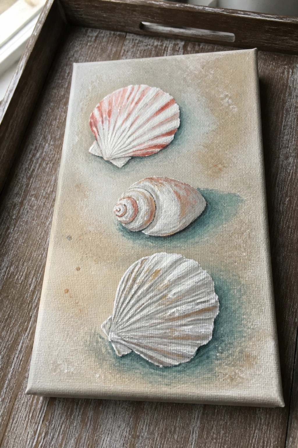 Three seashells on a beige painted canvas inside a wooden tray