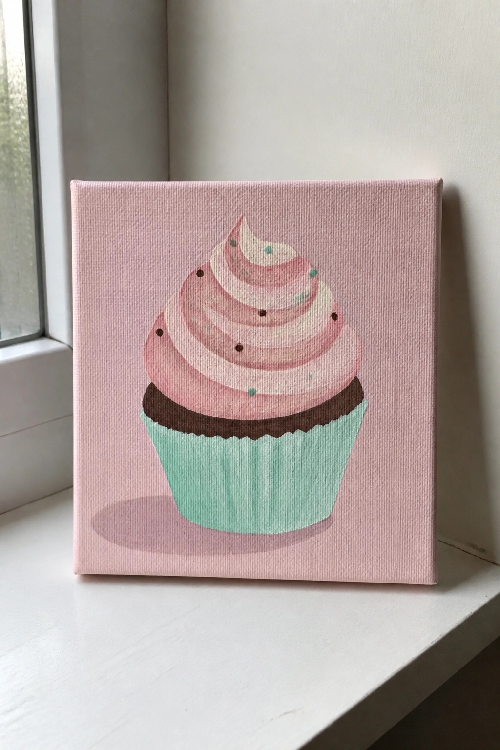 Pink canvas painting of cupcake with mint liner and swirled pink frosting on windowsill