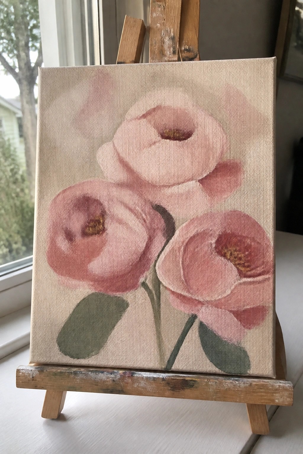 Three pink flowers with green leaves painted on canvas on wooden easel