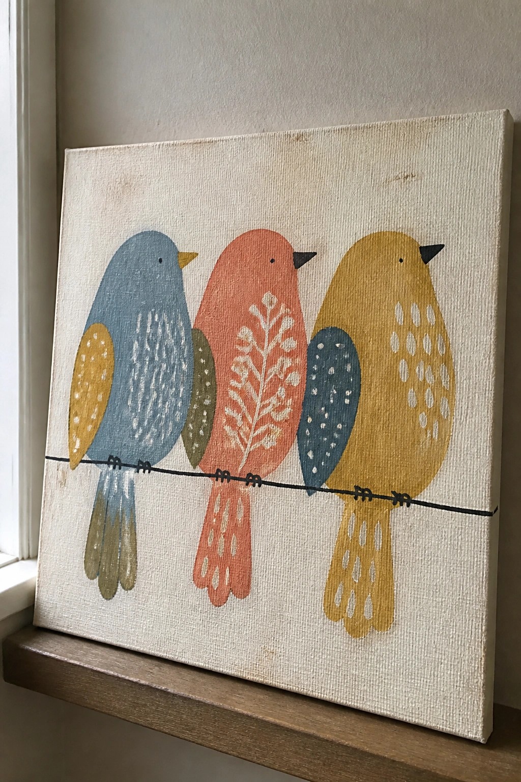 Three colorful birds in blue, coral, and yellow perched on a black wire on canvas