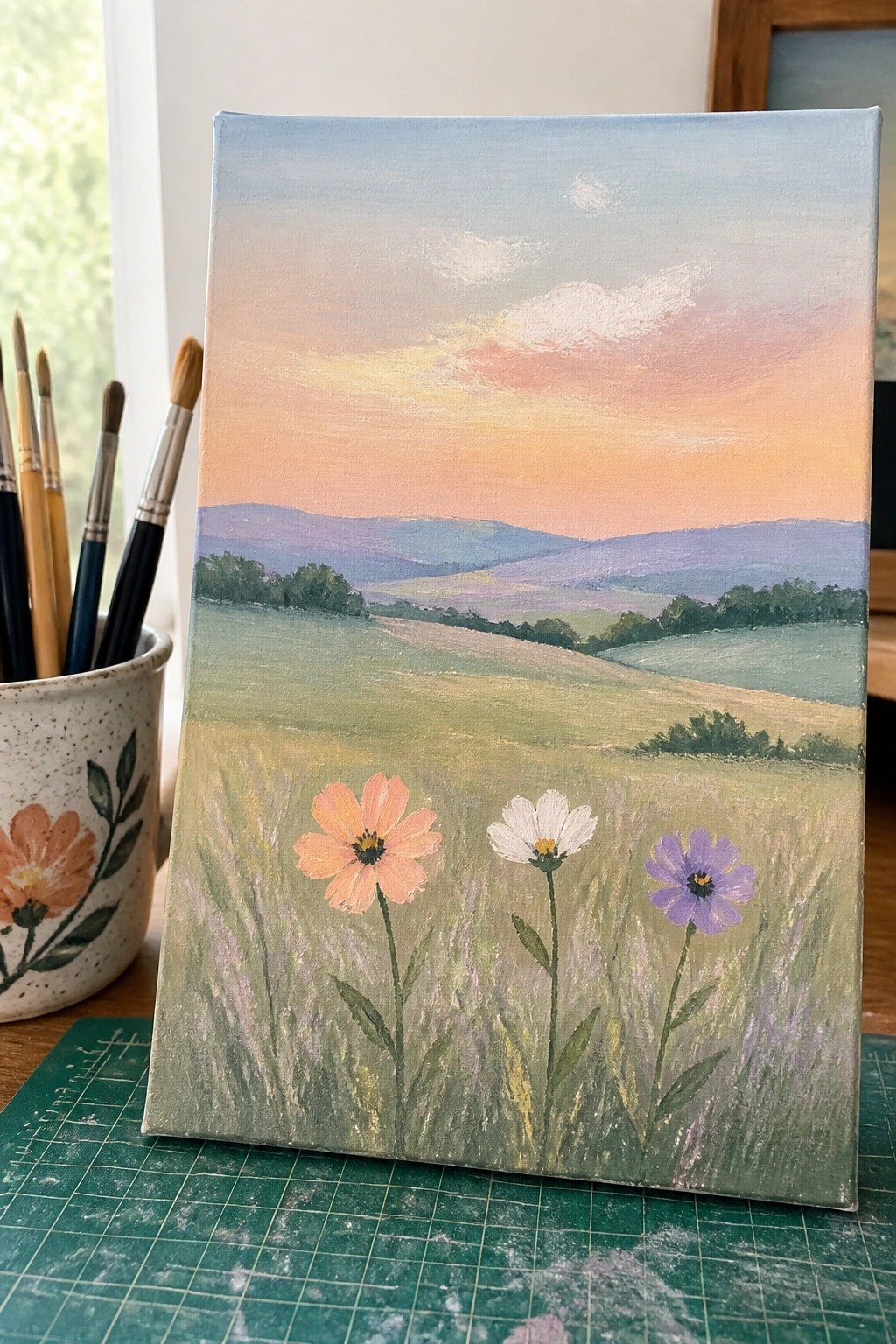 An acrylic painting of a sunset over rolling hills with three wildflowers in the foreground on a canvas.