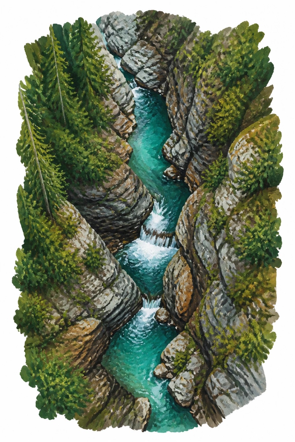 A realistic watercolor painting of a turquoise river winding through a steep rocky canyon lined with dense green trees and vegetation under bright natural light.