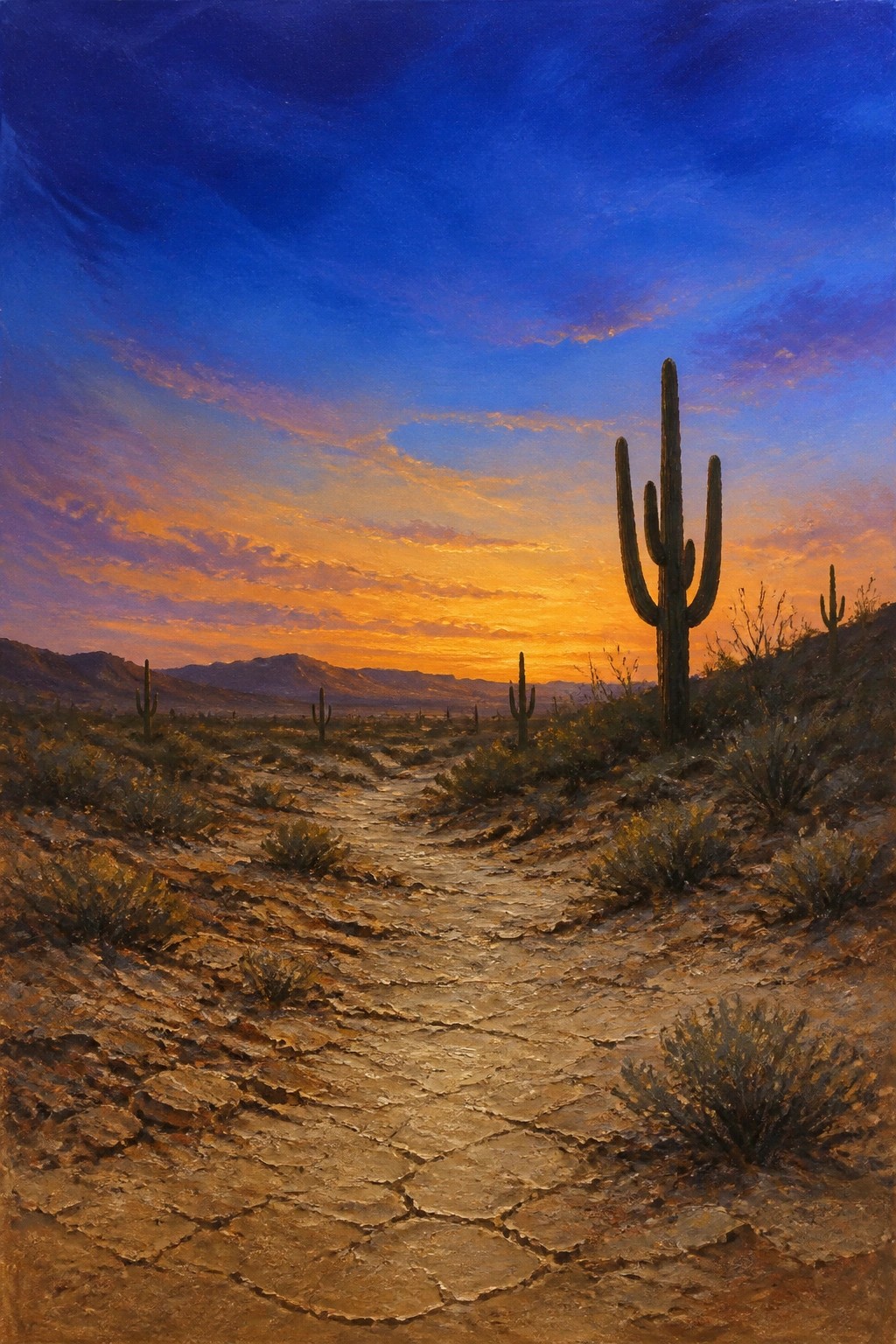 Realistic oil painting of a desert trail at sunset featuring tall saguaro cacti, cracked earth path, distant mountains, and a vibrant blue to orange sky.