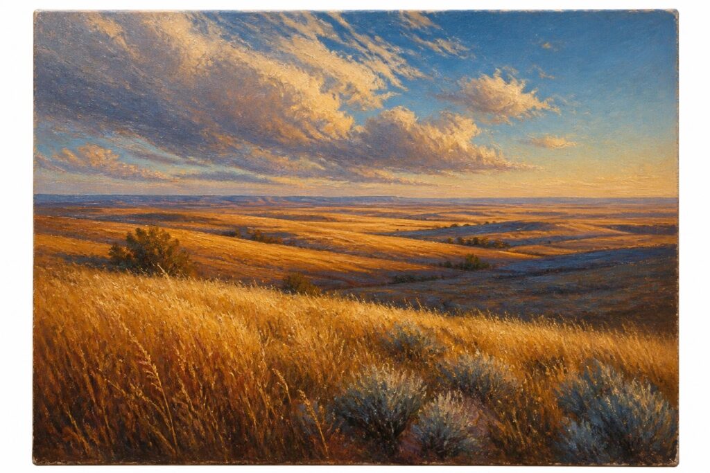21 Realistic Landscape Painting Ideas Focused on Light, Scale, and Detail A realistic oil painting depicting vast golden fields at sunset with dramatic blue and orange clouds overhead and mountains visible in the distance.