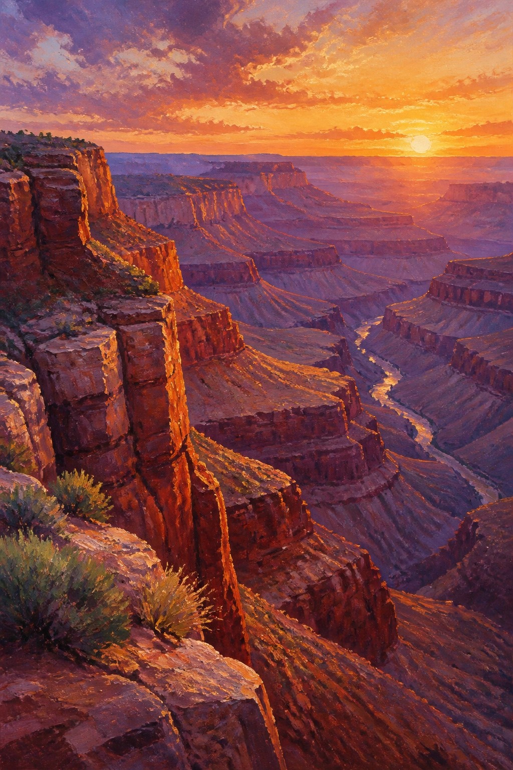 A realistic oil painting of the Grand Canyon at sunset with towering red cliffs a winding river and a sky filled with vibrant orange and purple clouds as the sun sets on the horizon.