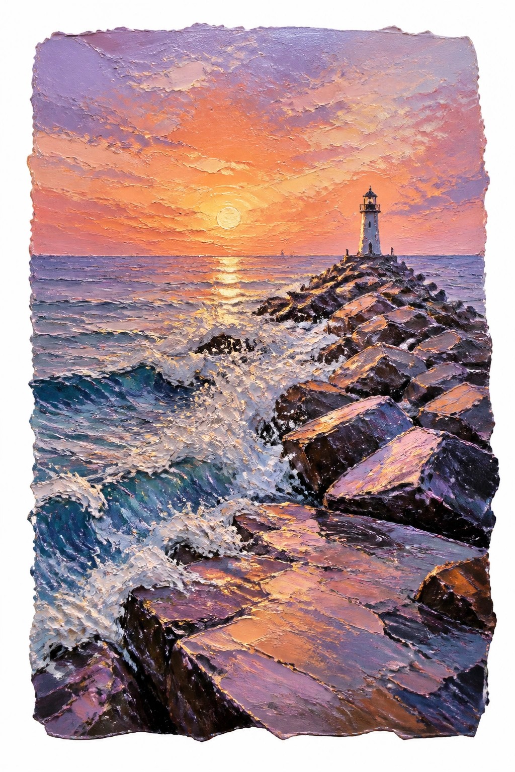 Impasto oil painting of a white lighthouse on a rocky jetty at sunset with waves crashing against boulders and orange purple sky reflecting on the water