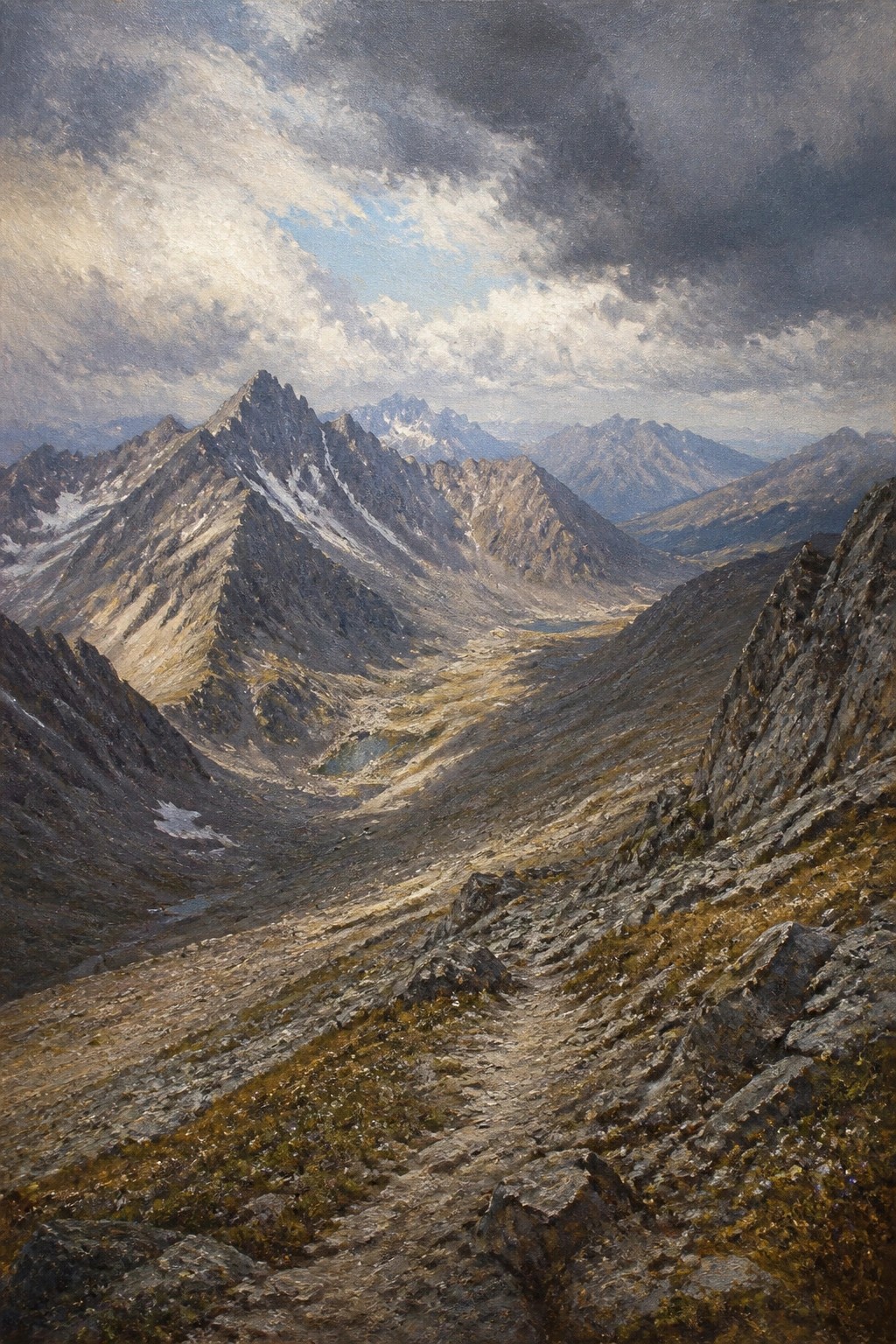 A realistic oil painting of rugged mountain peaks and a rocky trail leading into a vast valley under dramatic cloudy skies with sunlight breaking through.