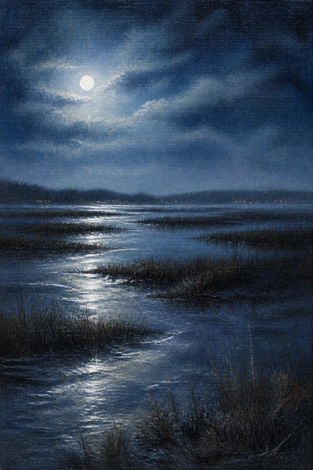 Realistic oil painting of a moonlit marsh with shimmering water reflections, dark clouds, silhouetted reeds, and distant horizon lights.