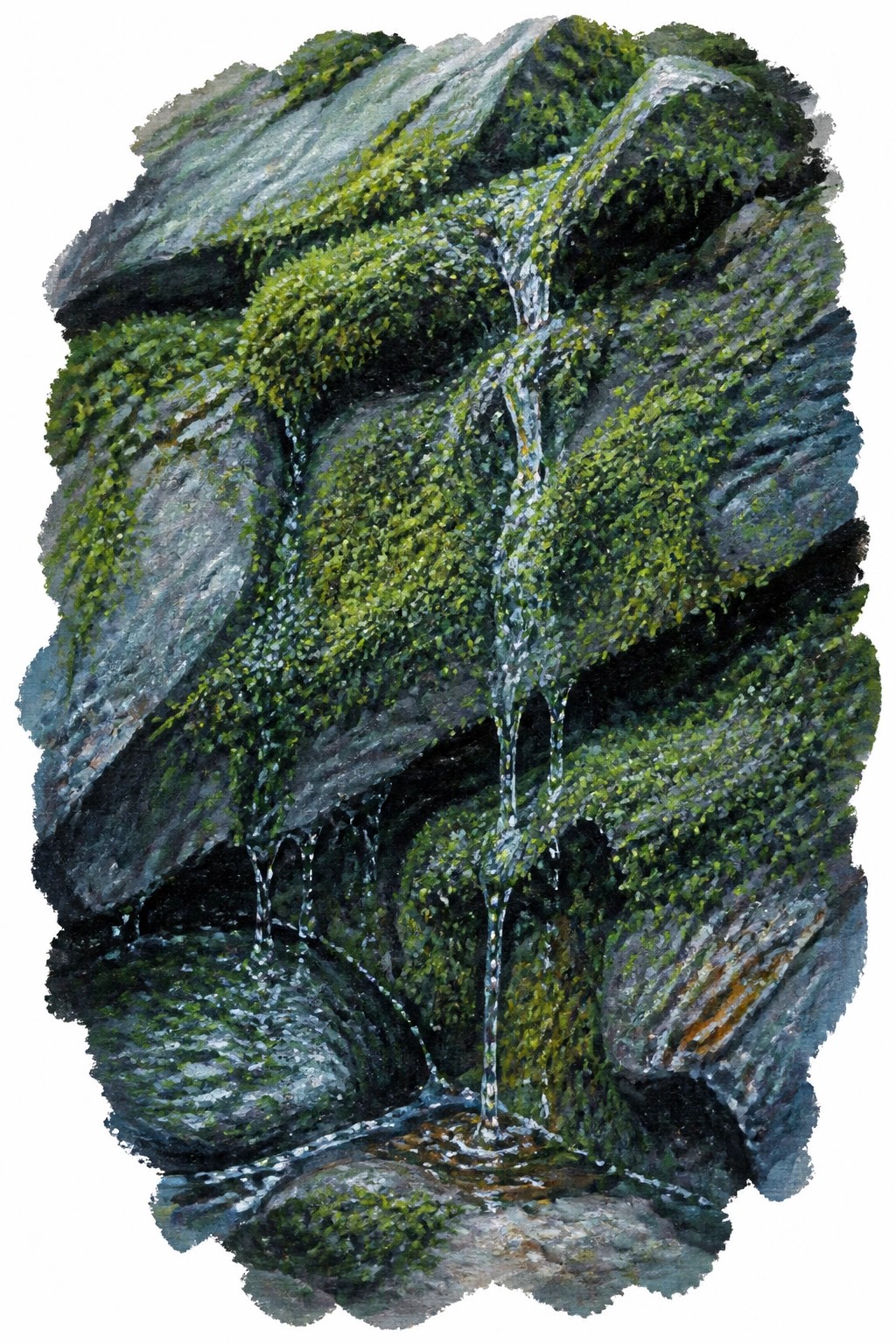 A realistic painting of water flowing down mossy rocks with a small pool at the base.