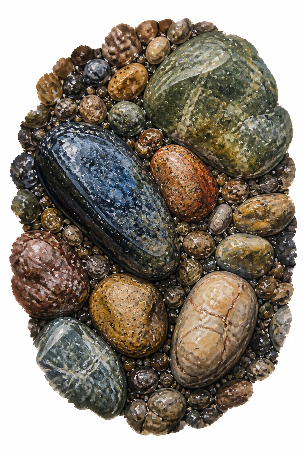 A realistic watercolor painting of an oval cluster of wet pebbles and stones in shades of blue green brown and orange with reflective surfaces and detailed textures.