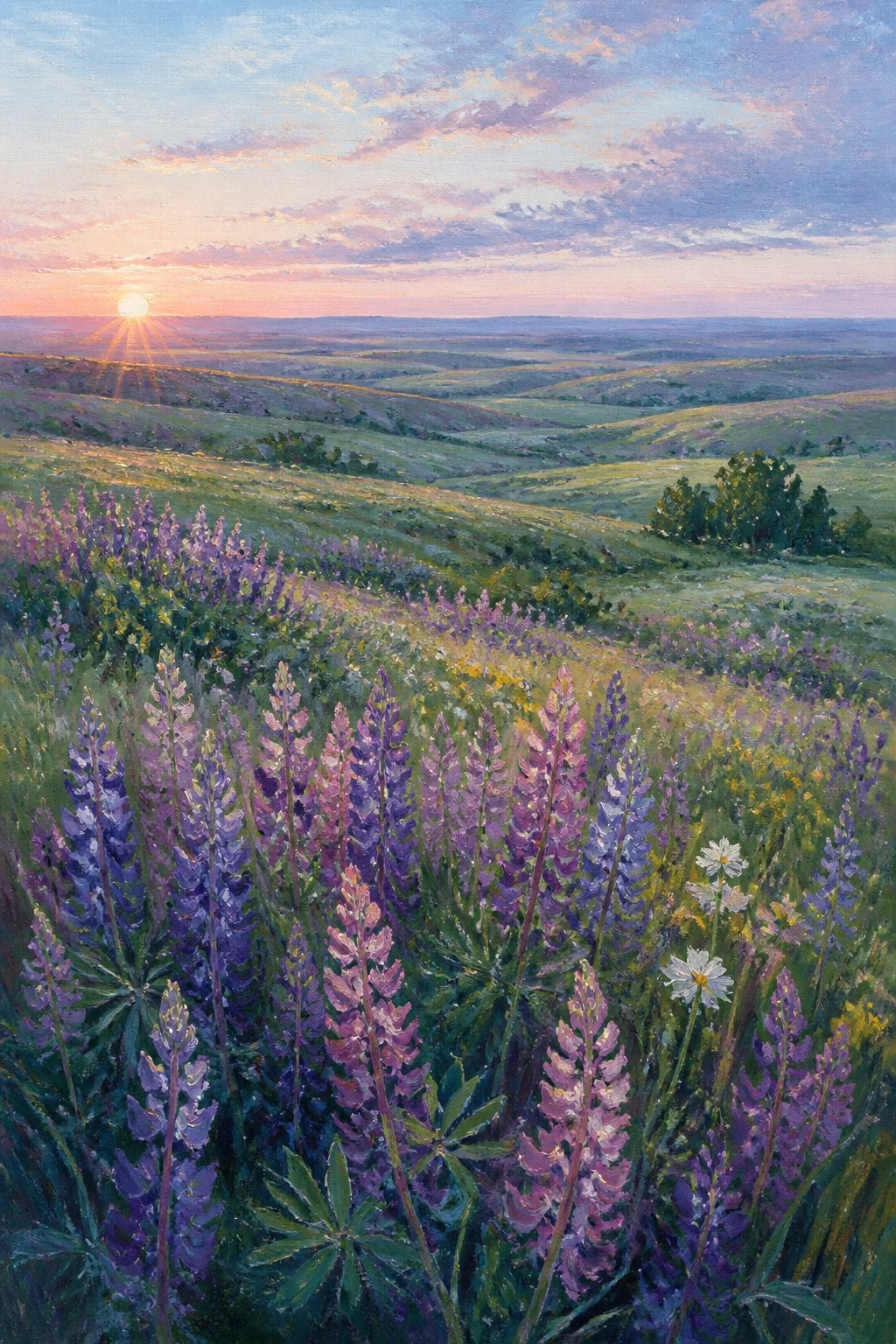 A realistic oil painting of a sunset over rolling hills covered in purple lupine flowers with golden light rays and a colorful sky.