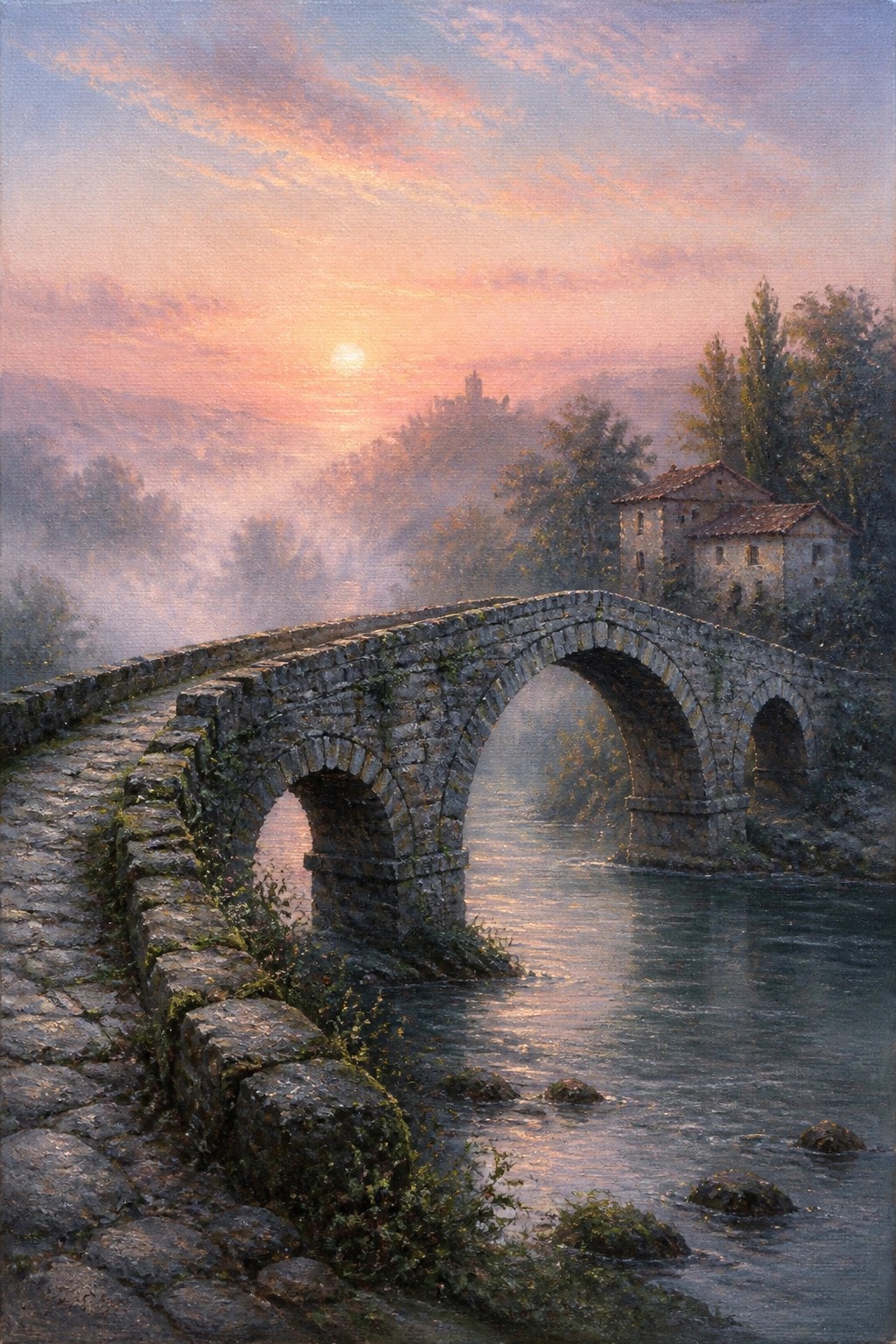 A realistic oil painting of an ancient stone bridge over a misty river at sunrise with warm pink and golden light, trees, a hillside building, and calm water reflections.