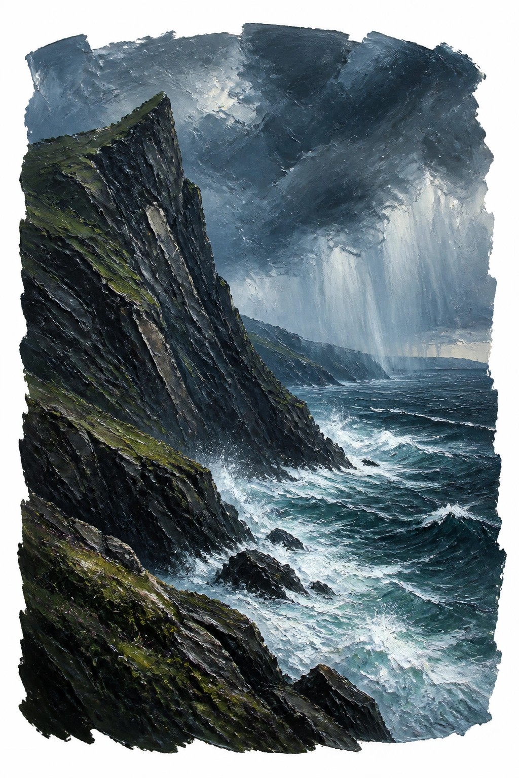 Realistic oil painting of steep rocky cliffs beside a stormy sea with dramatic light beams piercing dark clouds and white waves crashing below.