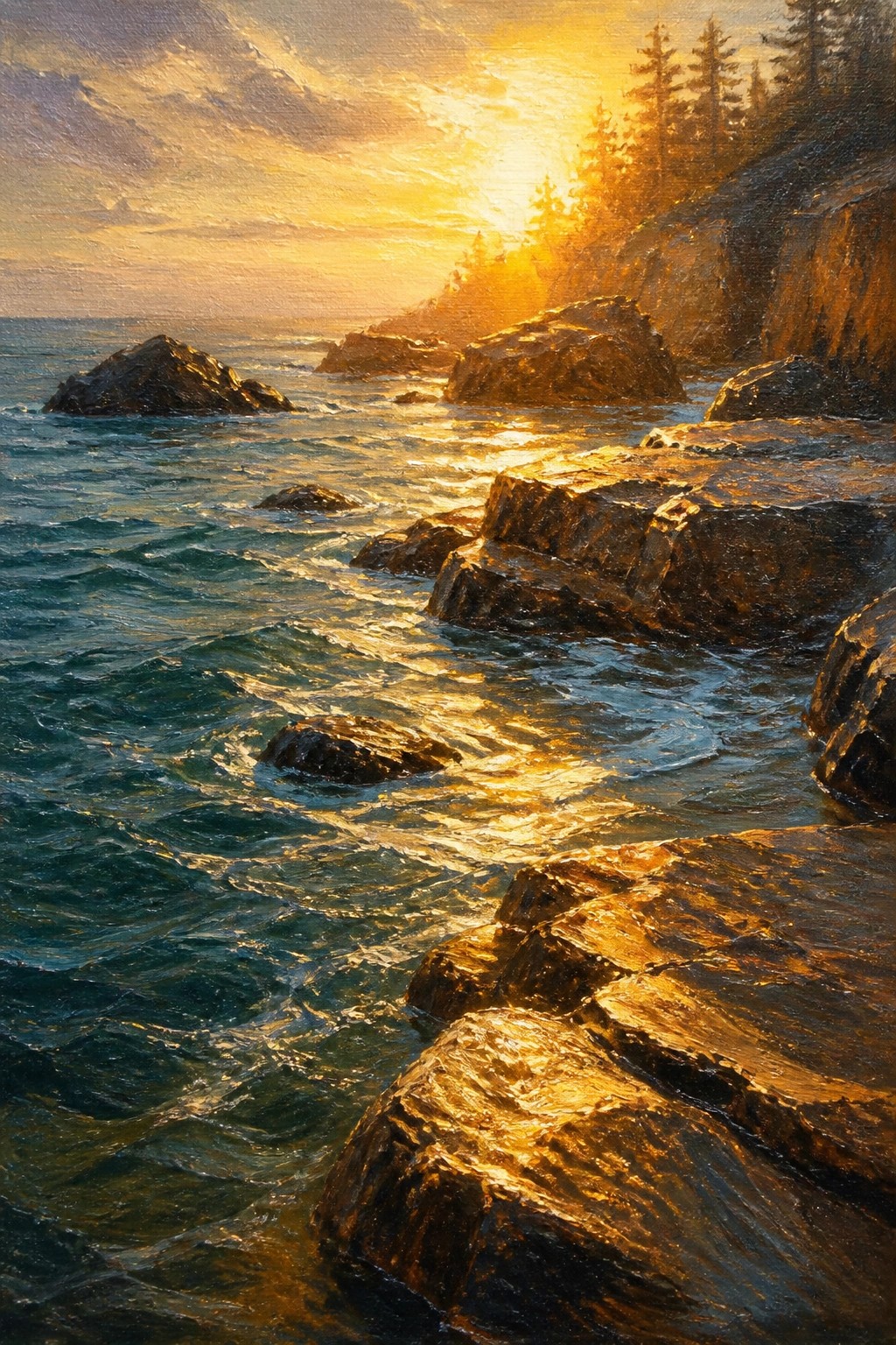 Realistic oil painting of golden sunset over rocky ocean coastline with crashing waves on boulders and pine trees on cliffs