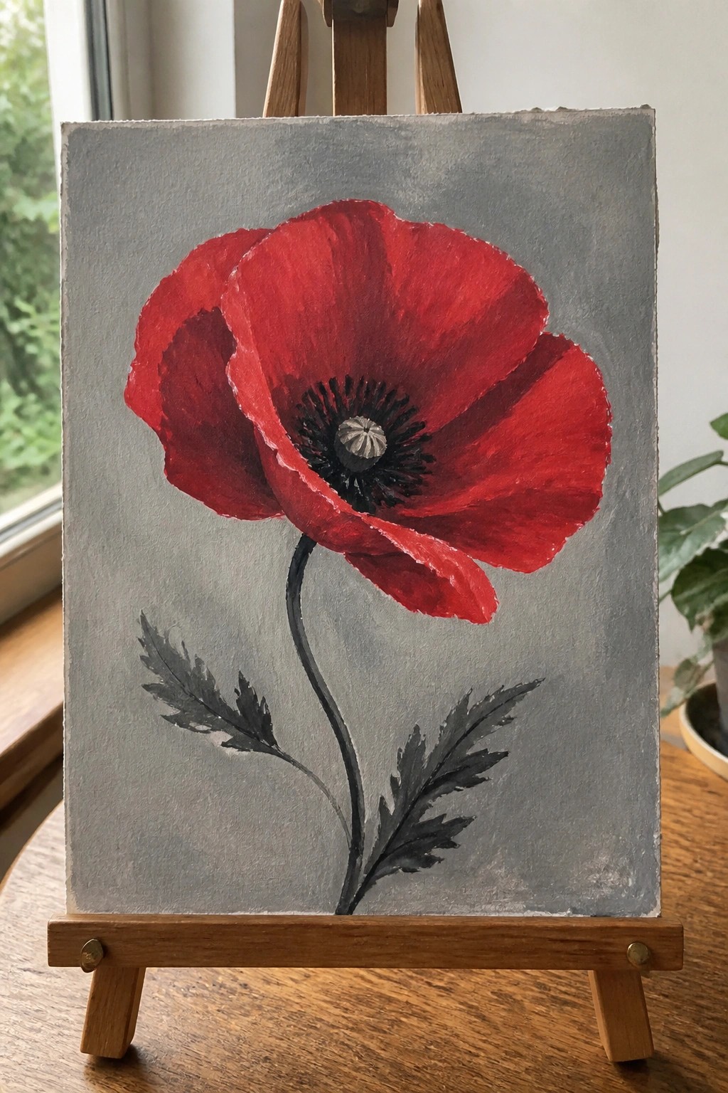Red poppy flower painting with dark center on gray canvas atop wooden easel
