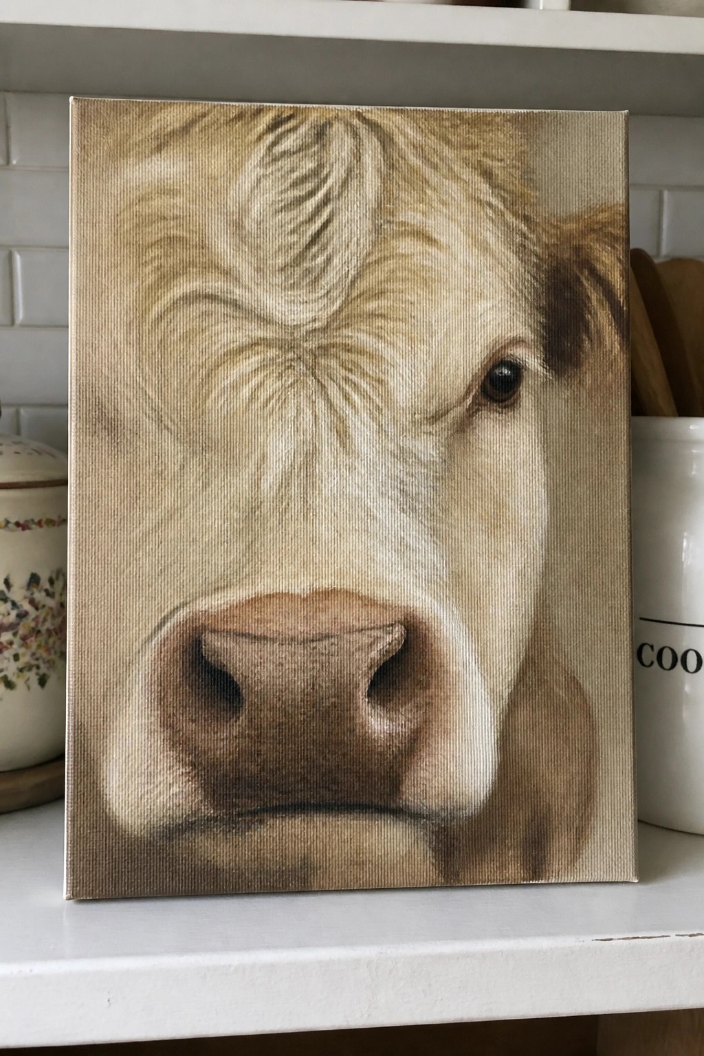 Detailed realistic painting of a cow's face on canvas atop white kitchen shelf