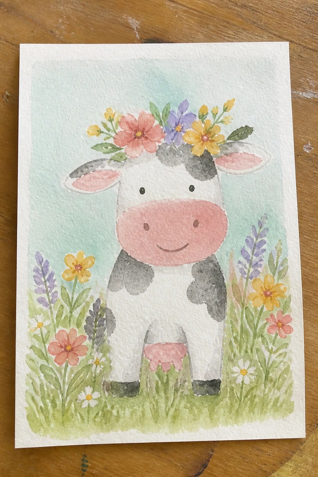 Watercolor cow with flower crown stands smiling amid colorful blooms in grass.