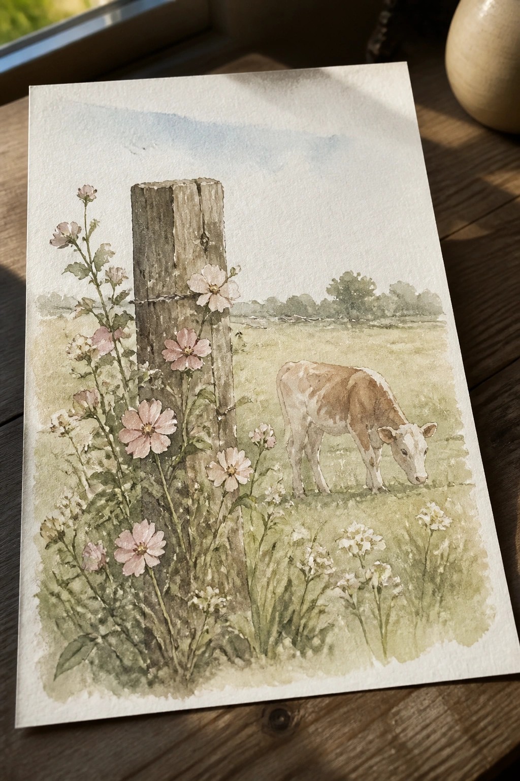 Watercolor painting of grazing calf beside wooden post amid pink wildflowers in meadow