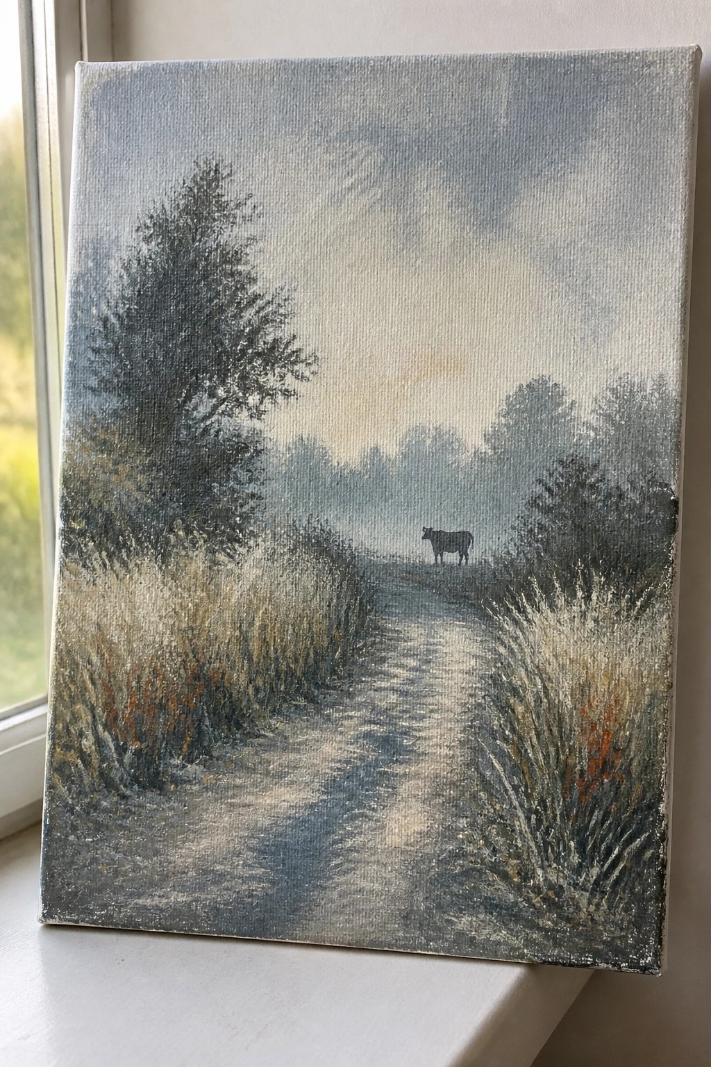 Misty path painting on canvas with lone cow amid foggy trees and grasses