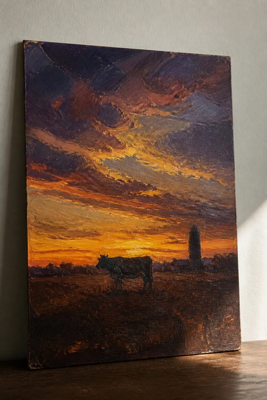 Impasto oil painting of cow in field under fiery orange-purple sunset with distant silo.