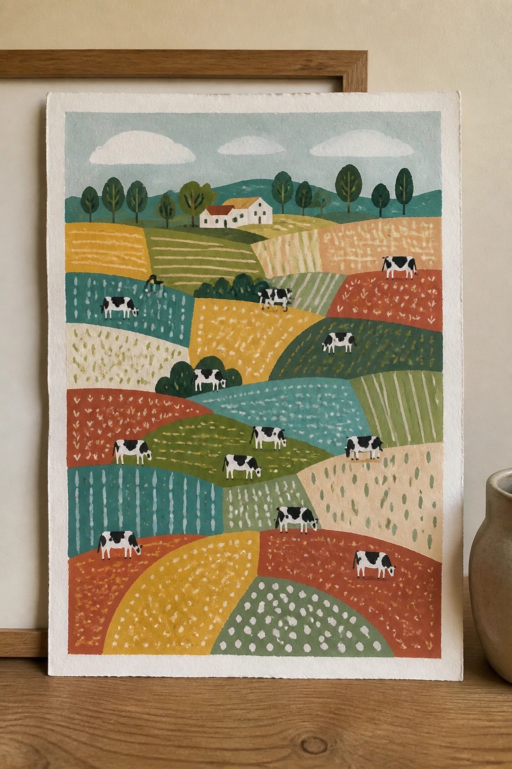 Colorful folk-art landscape of patchwork fields dotted with black-and-white cows and a white house.