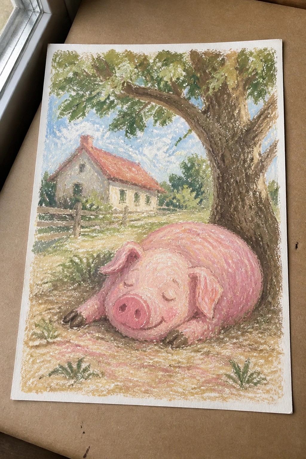 Colorful pastel drawing of a smiling pink pig sleeping under a tree by a farmhouse