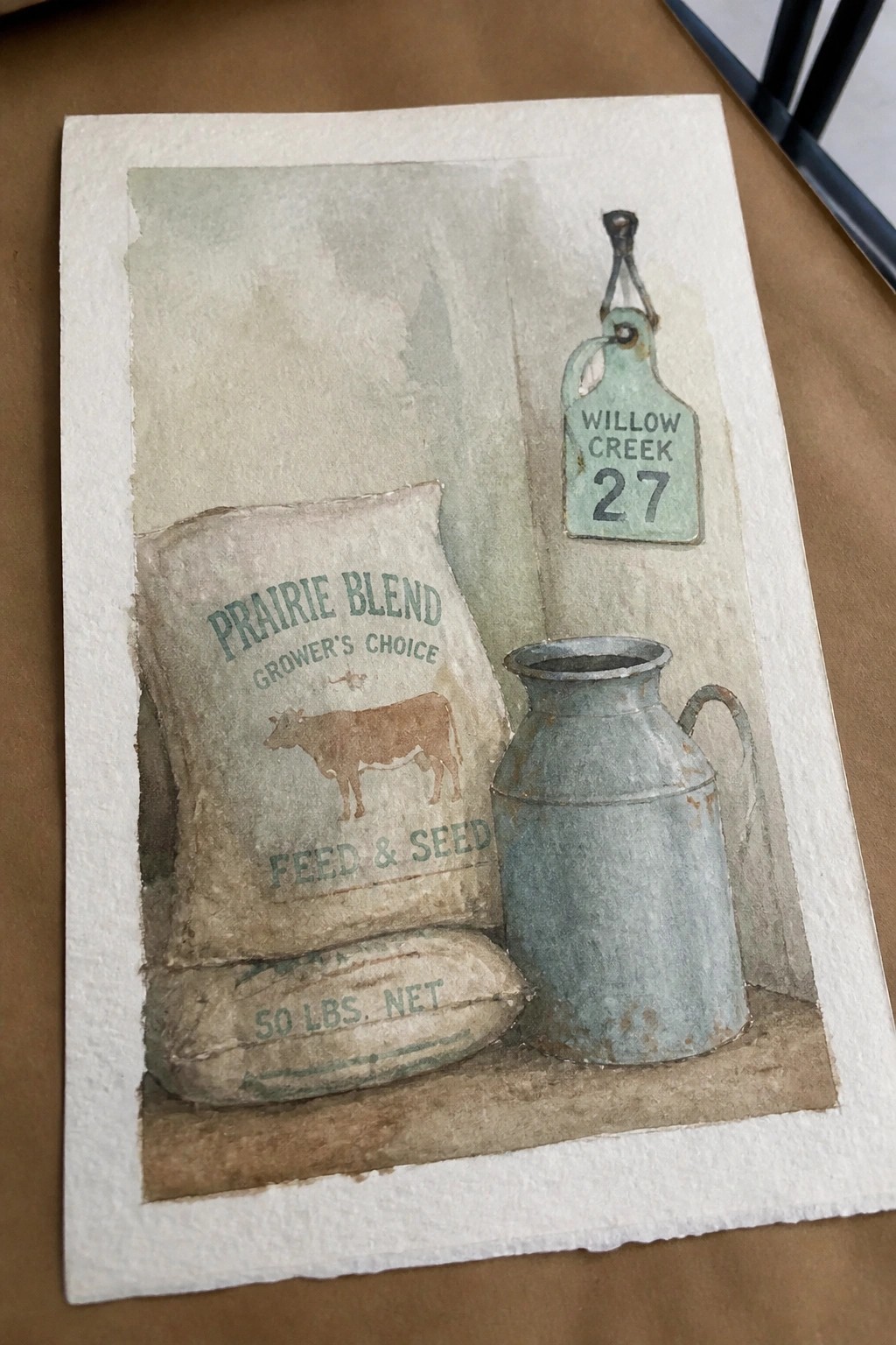 Watercolor still life of feed sacks, metal milk can, and hanging farm tag.