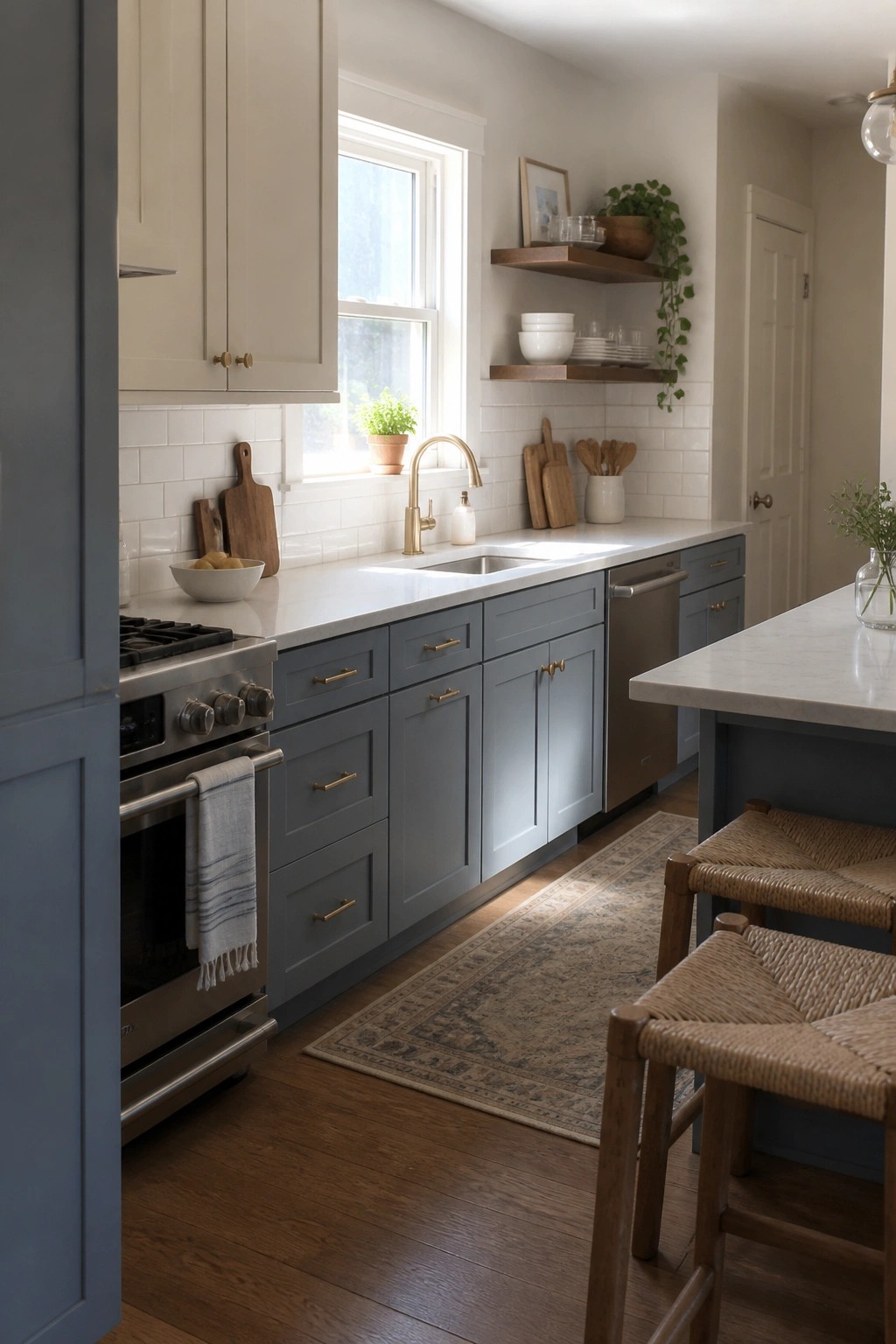 A small kitchen with blue gray lower cabinets and a matching island.